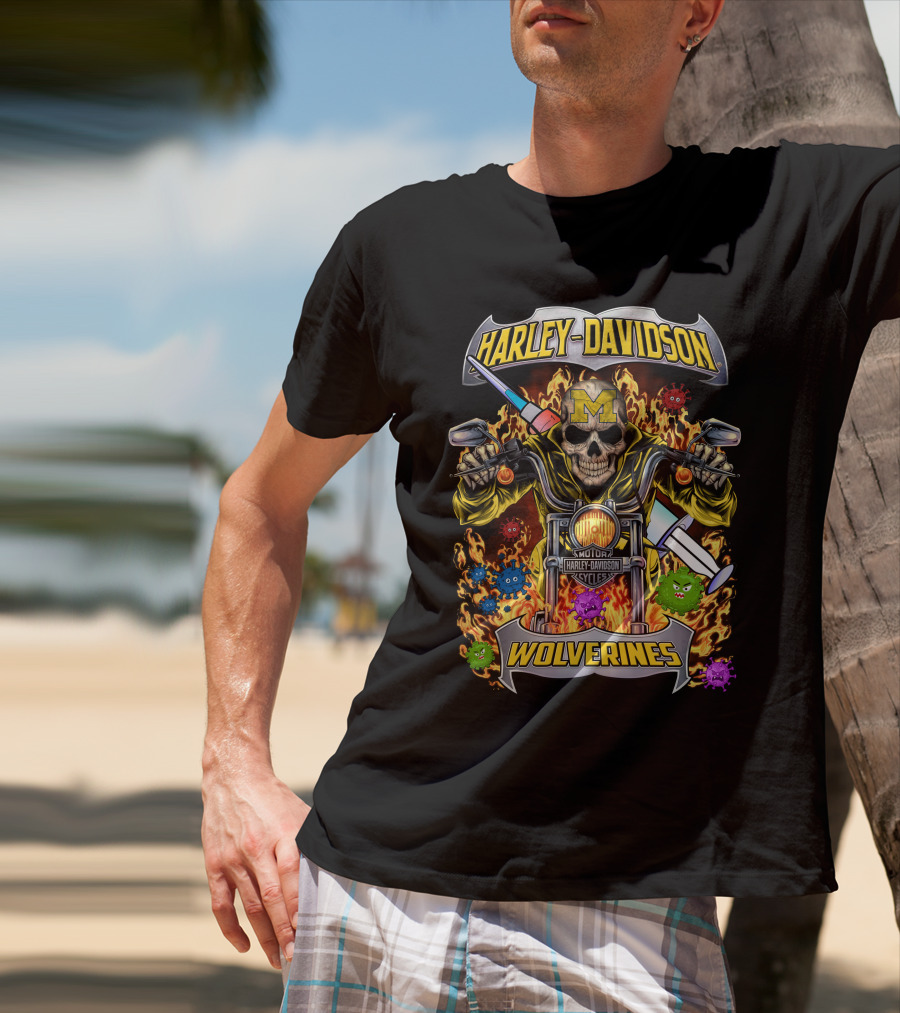 Harley Davidson Michigan Wolverines Skull Motorcycles T-Shirt