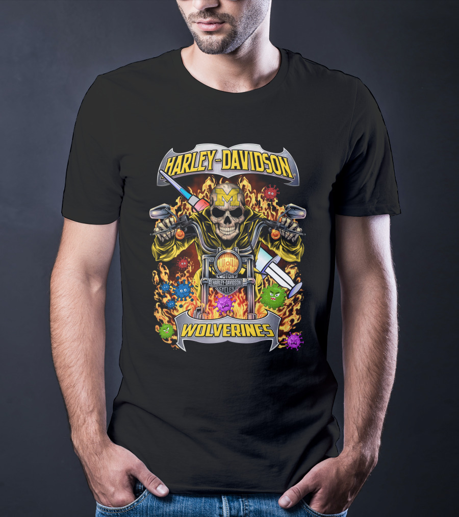 Harley Davidson Michigan Wolverines Skull Motorcycles T-Shirt