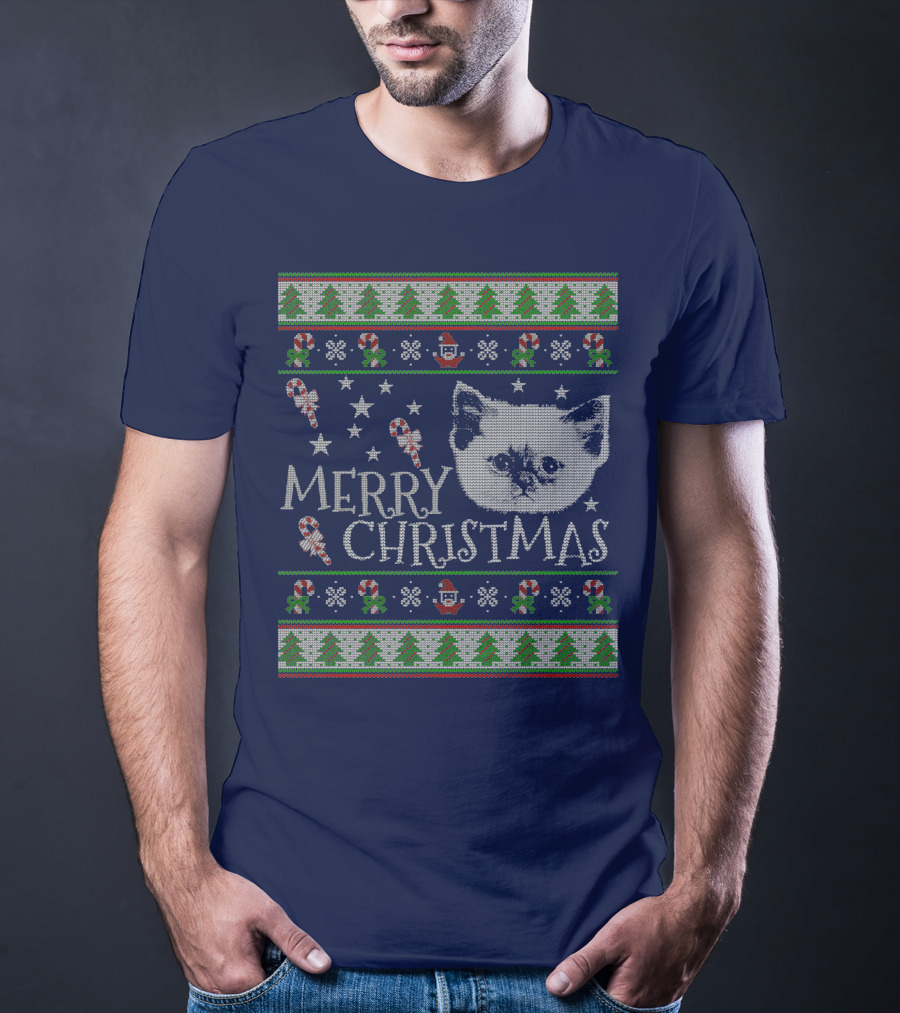 Merry Christmas Cute Persian Kitten Candy Canes Snowflakes Trees T-Shirt