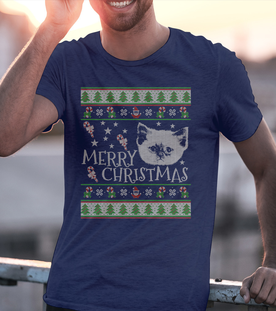 Merry Christmas Cute Persian Kitten Candy Canes Snowflakes Trees T-Shirt
