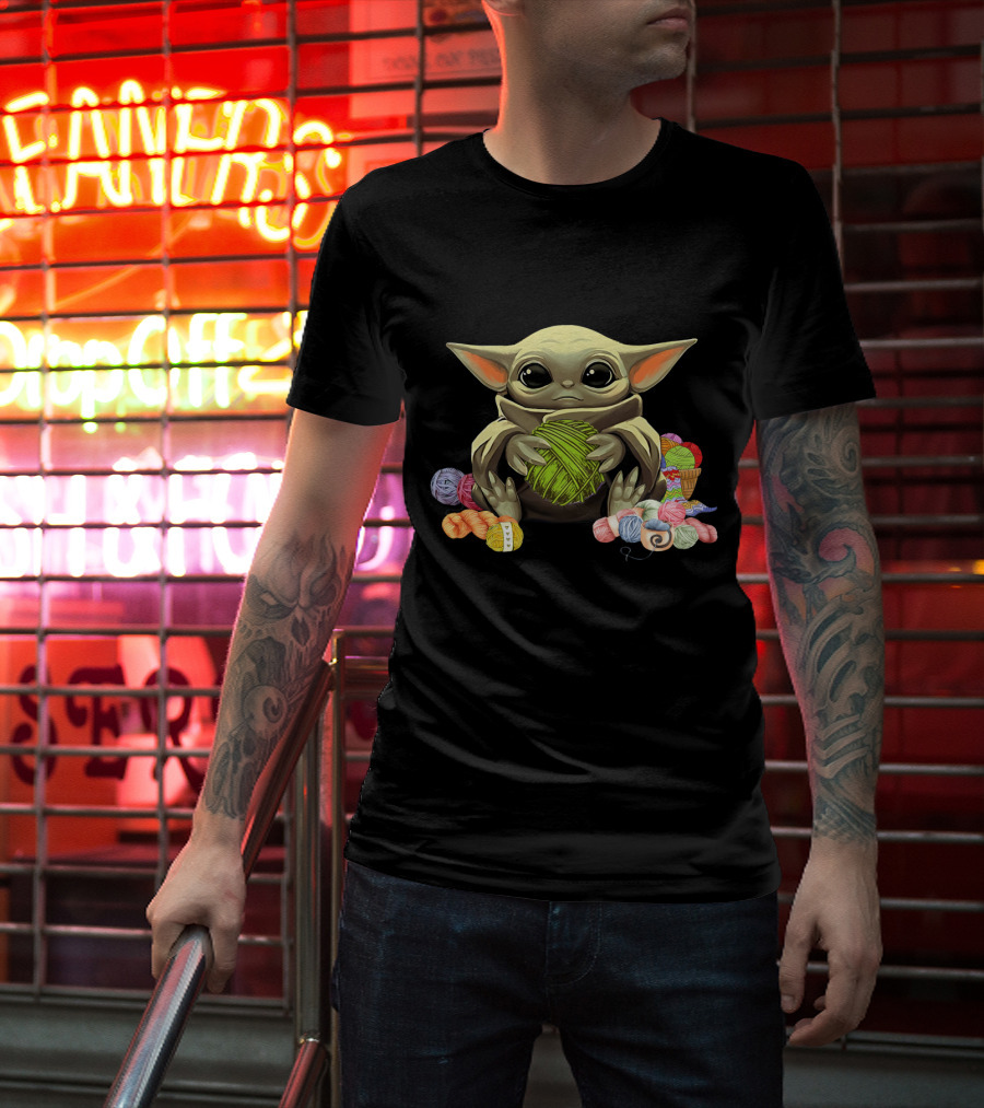 Yoda Baby Holding Yarn Surrounded By Colorful Wool Balls T-Shirt