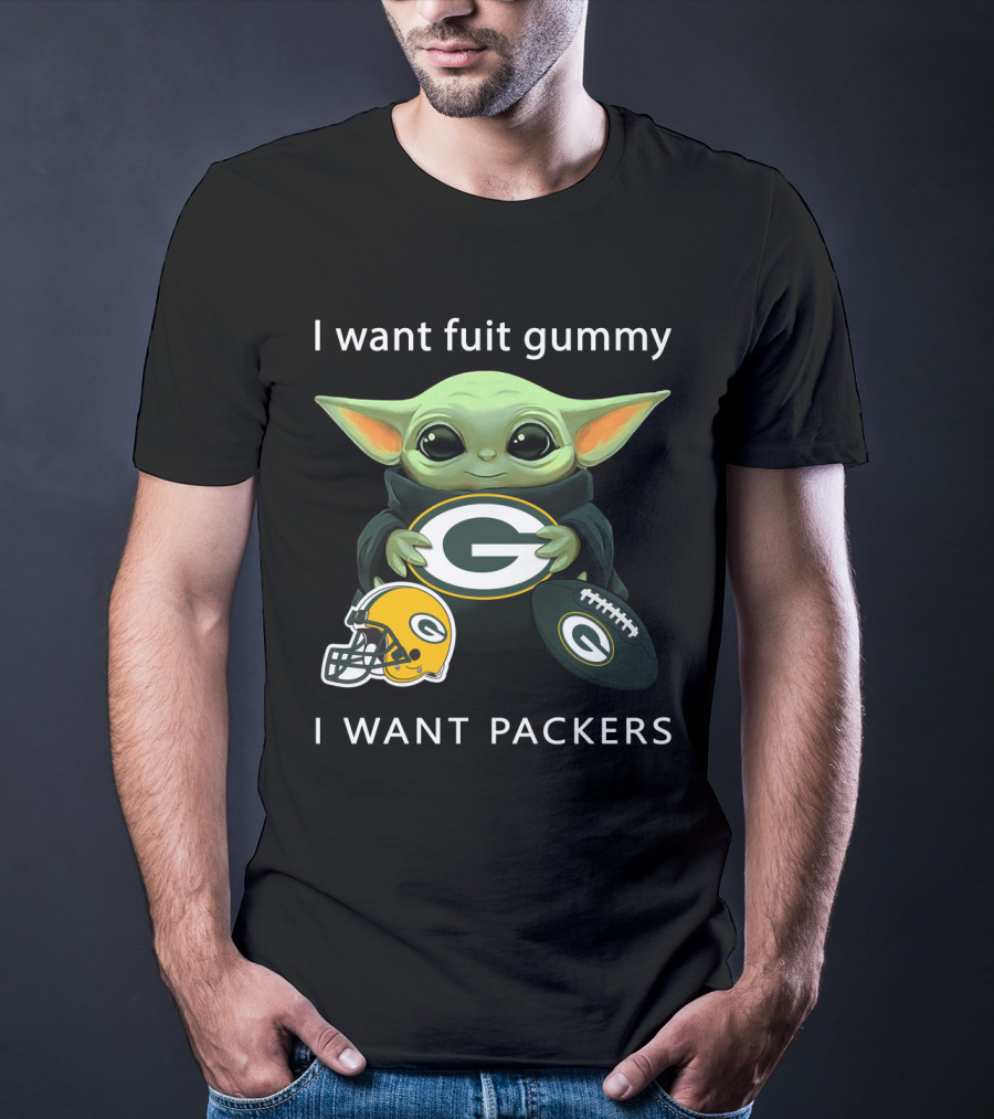 I Want Fruit Gummy I Want Packers Green Bay Packers Baby Yoda Helmet Football T-Shirt