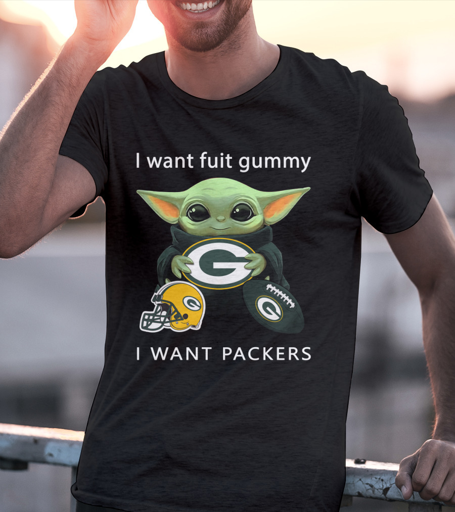 I Want Fruit Gummy I Want Packers Green Bay Packers Baby Yoda Helmet Football T-Shirt