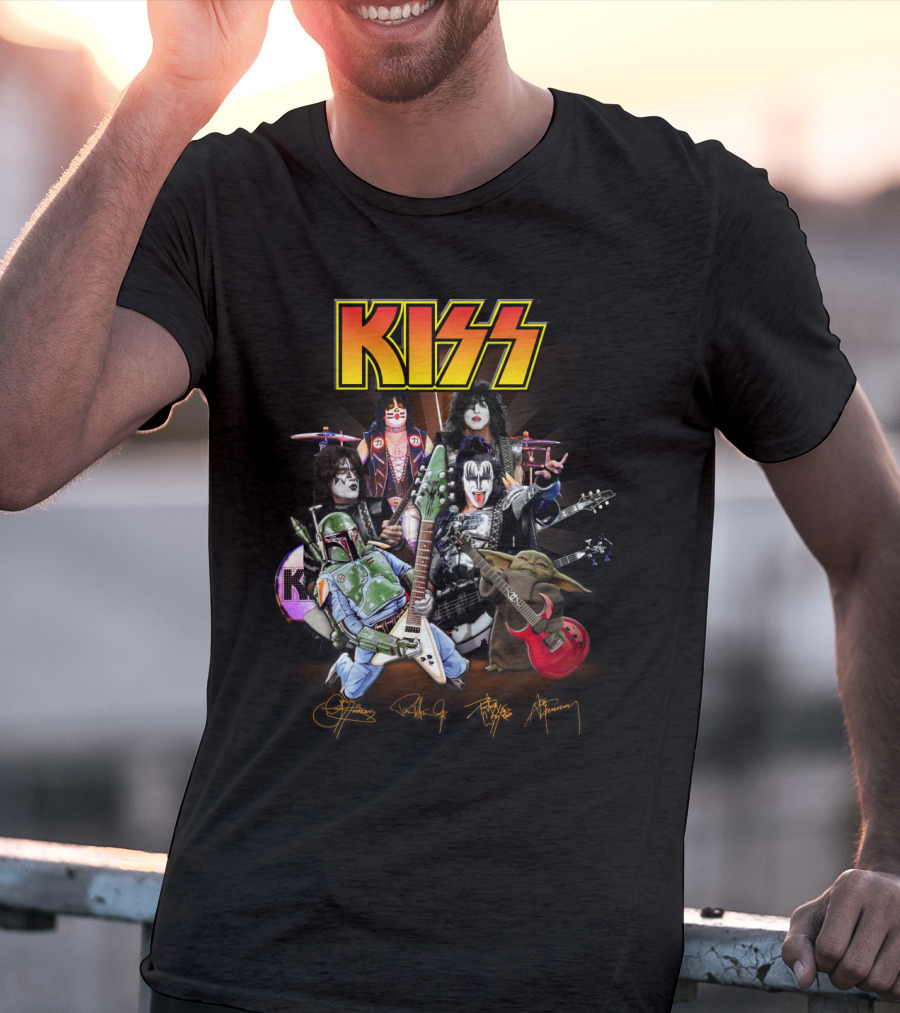 Kiss Star Wars Crossover With Boba Fett And Grogu Guitar Band Members T-Shirt