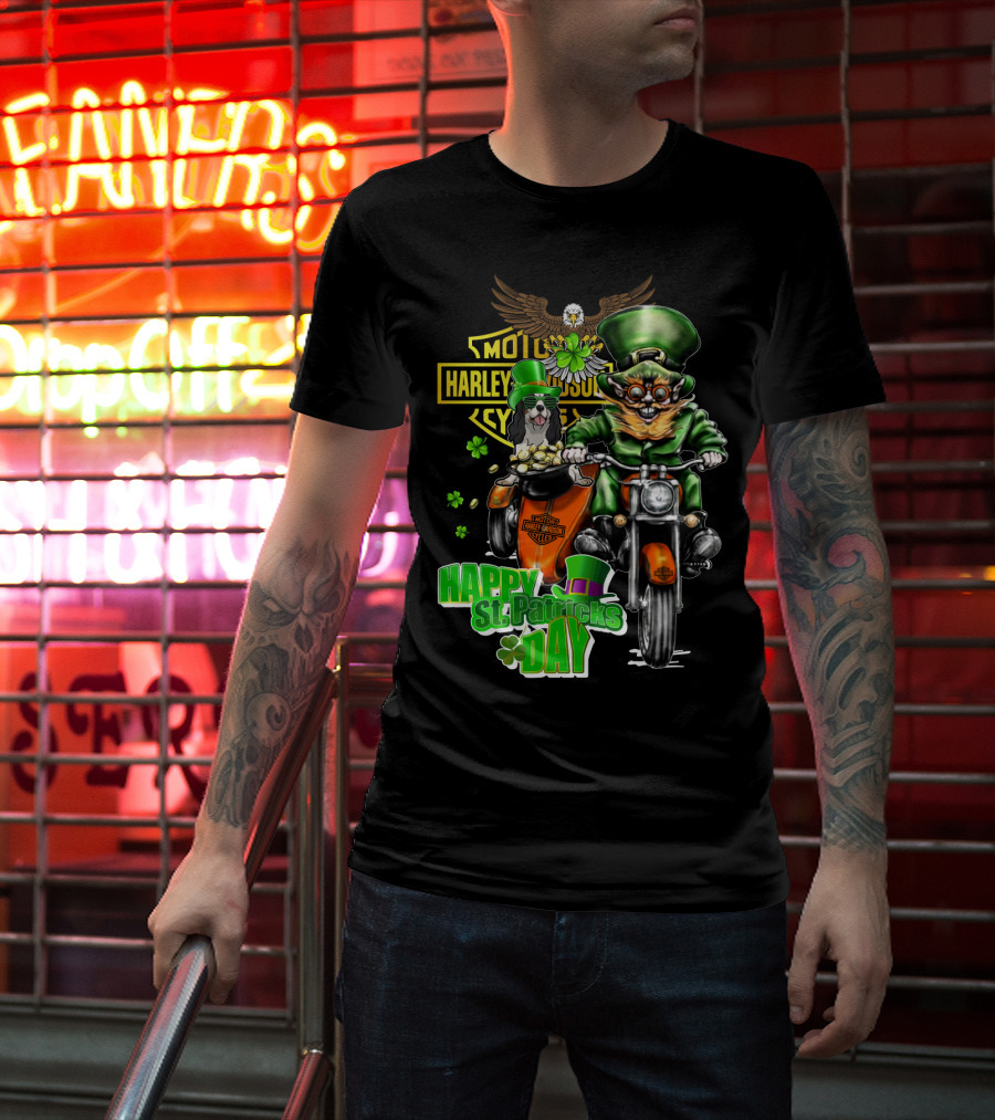 Harley Davidson Happy St. Patrick's Day Cavalier King Charles Spaniel Motorcycle Rider T-Shirt
