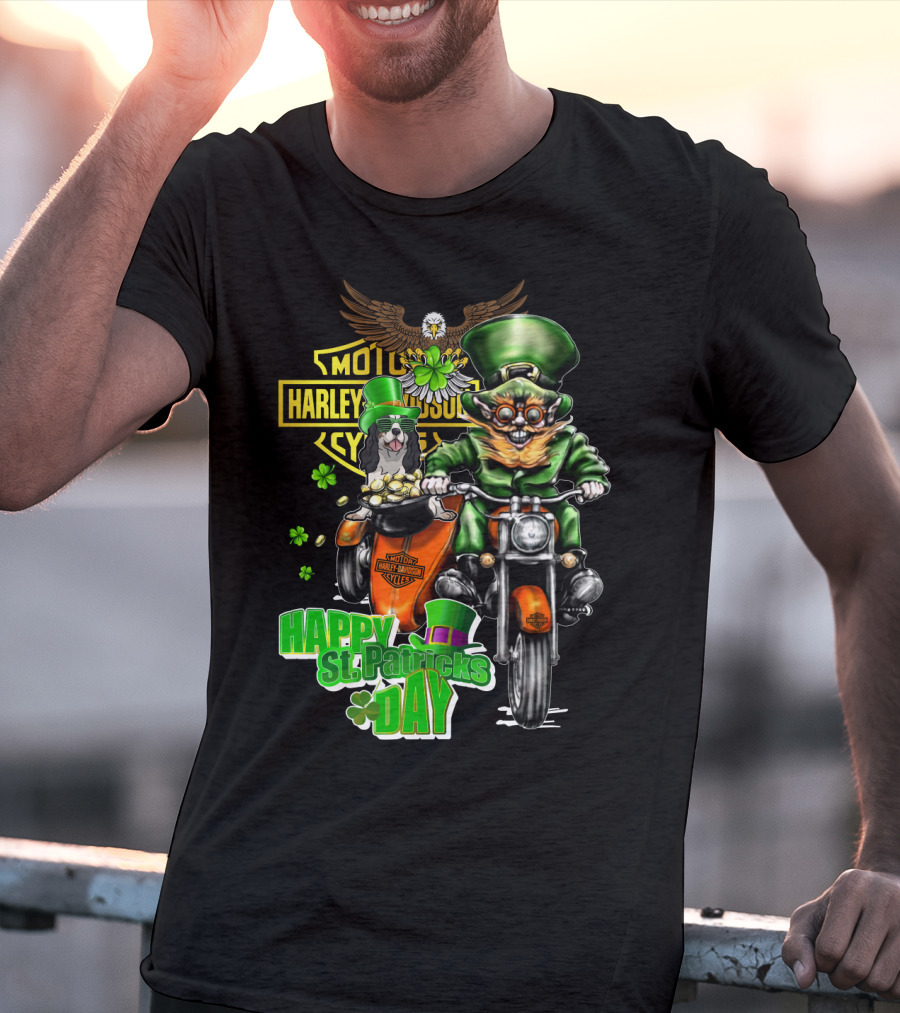 Harley Davidson Happy St. Patrick's Day Cavalier King Charles Spaniel Motorcycle Rider T-Shirt