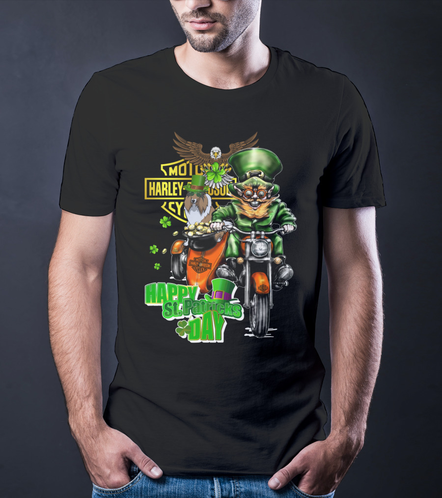 Happy St. Patrick's Day Harley Davidson Motorcycle Leprechaun Eagle T-Shirt