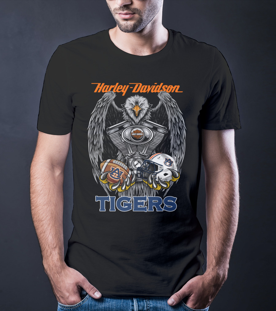 Harley Davidson Auburn Tigers Football Ncaa Helmet And Eagle Engine T-Shirt