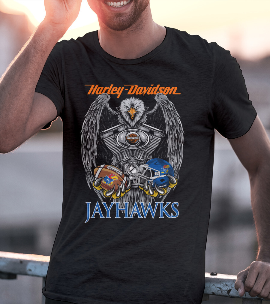 Harley Davidson Jayhawks Kansas Football Helmet And Ball T-Shirt