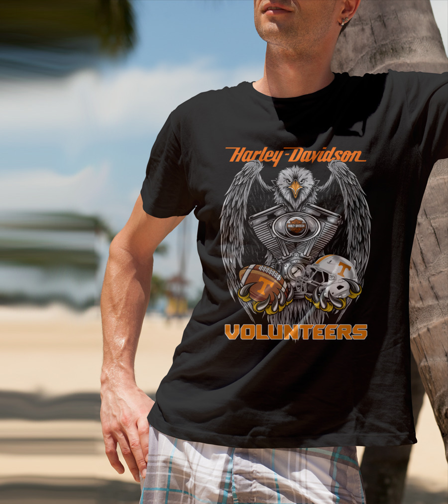 Harley Davidson Volunteers Ncaa Football Tennessee Helmet And Ball Eagle Engine T-Shirt