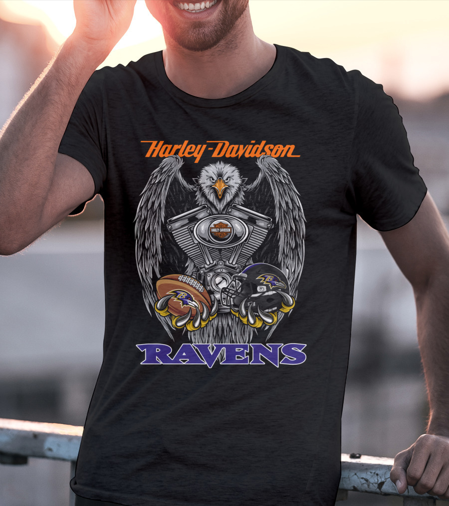 Harley Davidson Ravens V-Twin Engine Baltimore Football Helmet And Ball T-Shirt