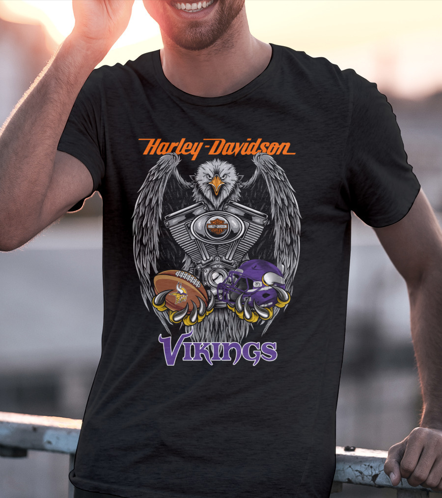 Harley Davidson Seattle Vikings Football Eagle Engine Art T-Shirt