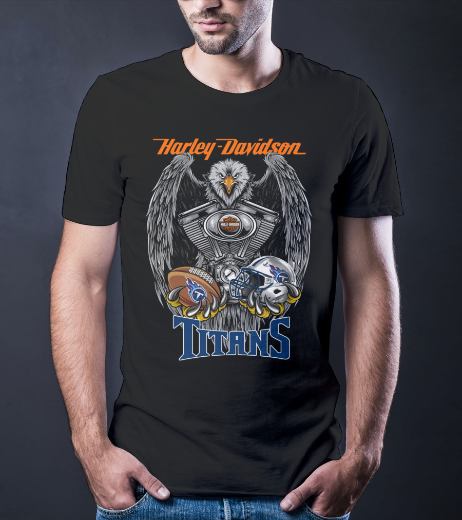 Harley Davidson Titans Nfl Football Helmet And Ball With Eagle And Engine T-Shirt