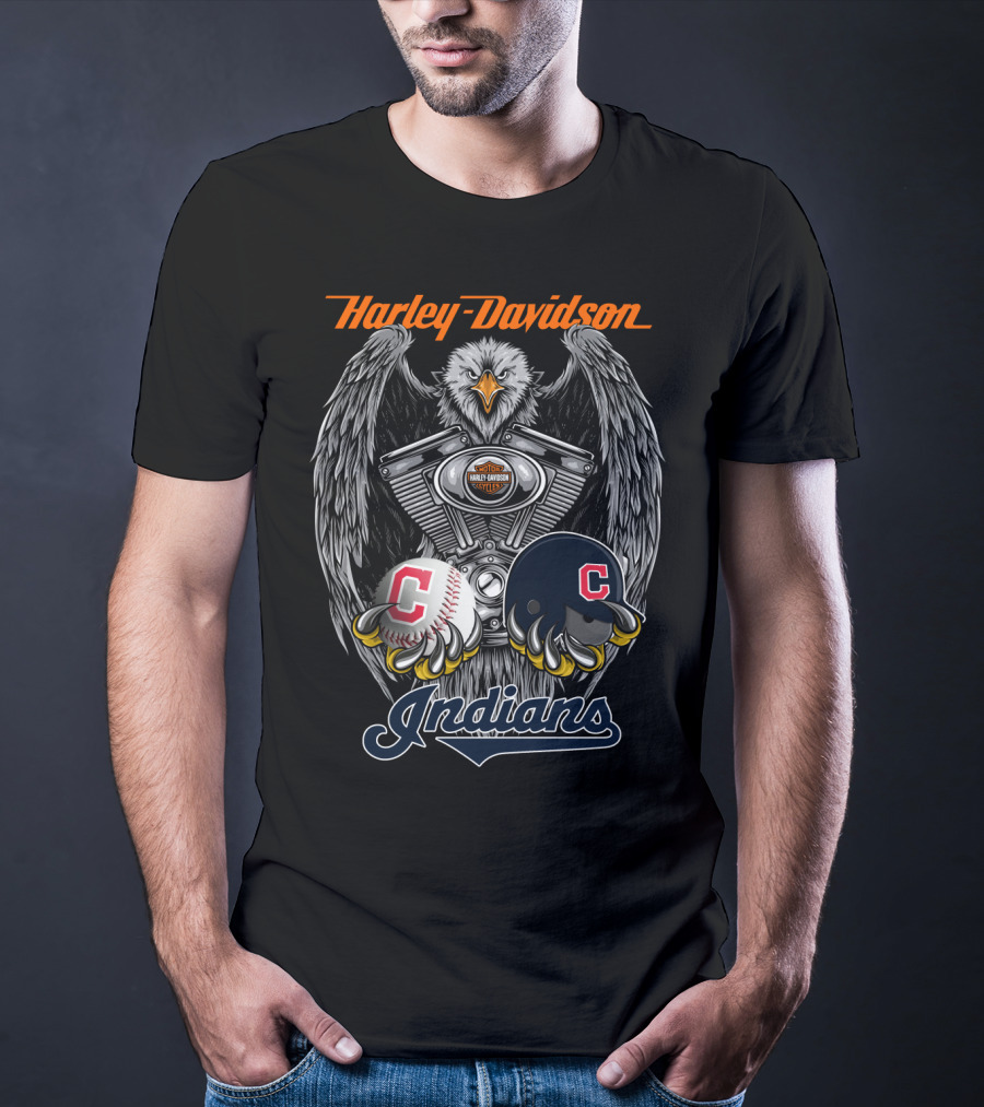 Harley Davidson Cleveland Indians Mlb Baseball Helmet And Engine Eagle T-Shirt