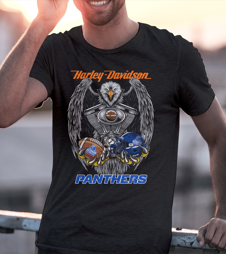 Harley Davidson Seattle Motorcycles Georgia State Panthers Football Helmet And Eagle Engine Art T-Shirt