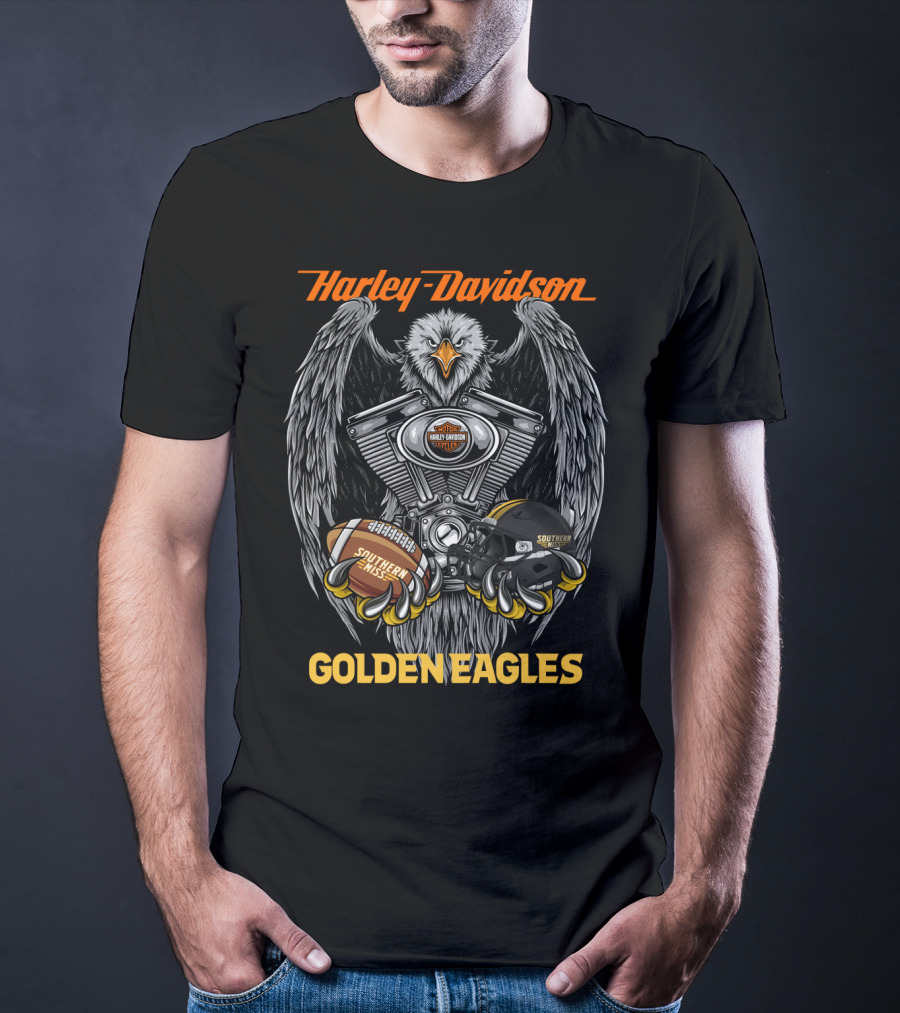 Harley Davidson Southern Miss Golden Eagles Ncaa Football Helmet And Engine T-Shirt