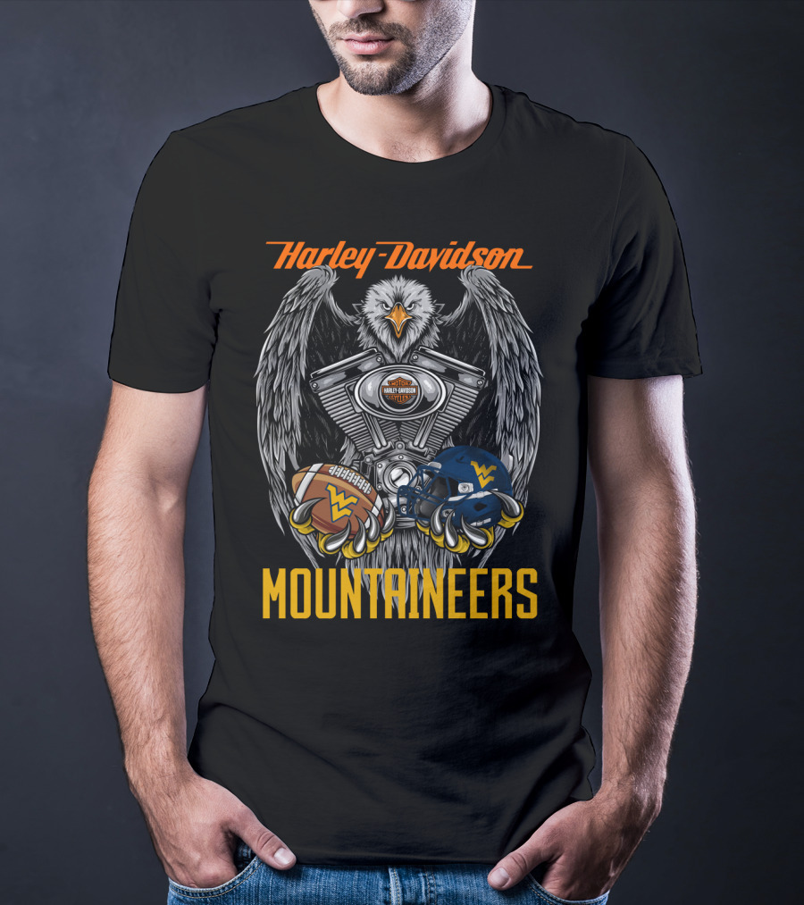 Harley Davidson Mountaineers Wv Football Helmet And Engine Eagle T-Shirt