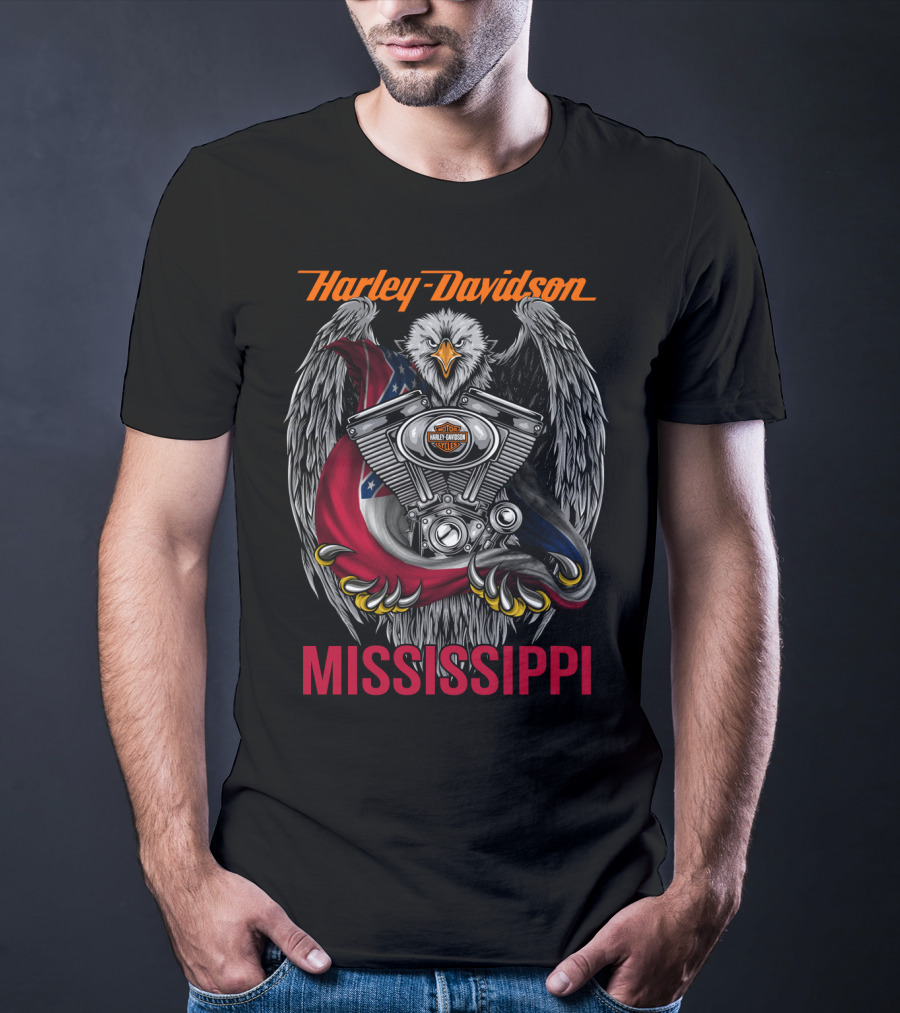 Harley Davidson Mississippi Eagle With Engine And Flag Symbol T-Shirt