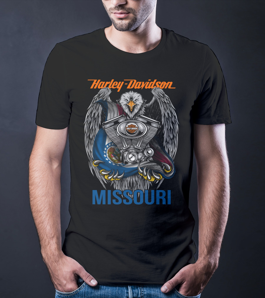 Harley Davidson Missouri Eagle Emblem With Engine And Flag Motif T-Shirt