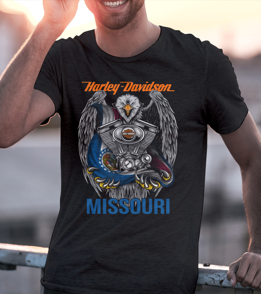 Harley Davidson Missouri Eagle Emblem With Engine And Flag Motif T-Shirt