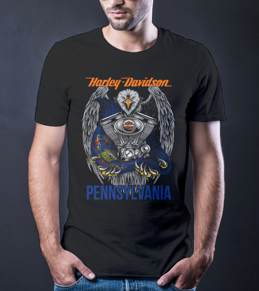 Harley Davidson Pennsylvania Eagle With Engine And State Seal T-Shirt