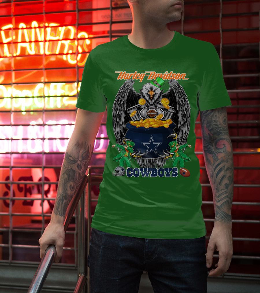 Harley Davidson Nfl Dallas Cowboys Eagle With Leprechauns And Pot Of Gold T-Shirt