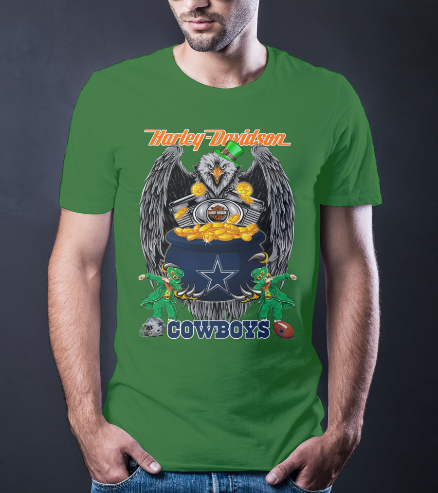 Harley Davidson Nfl Dallas Cowboys Eagle With Leprechauns And Pot Of Gold T-Shirt