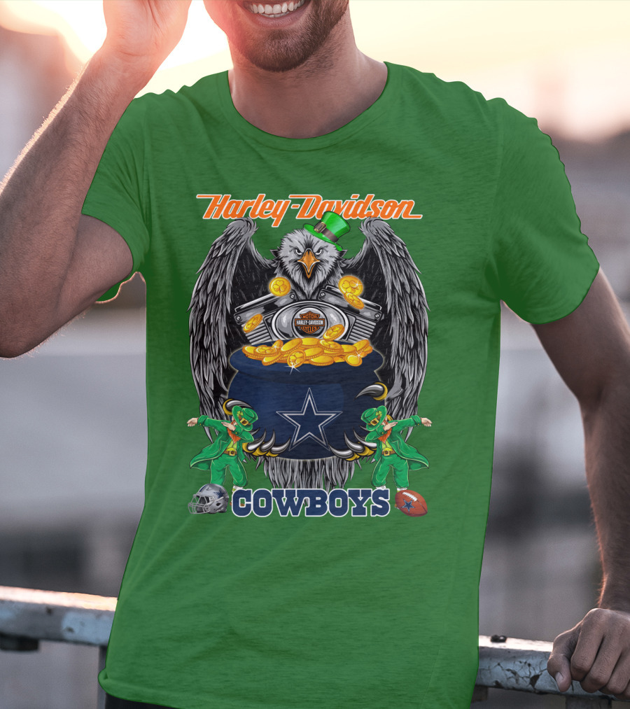 Harley Davidson Nfl Dallas Cowboys Eagle With Leprechauns And Pot Of Gold T-Shirt