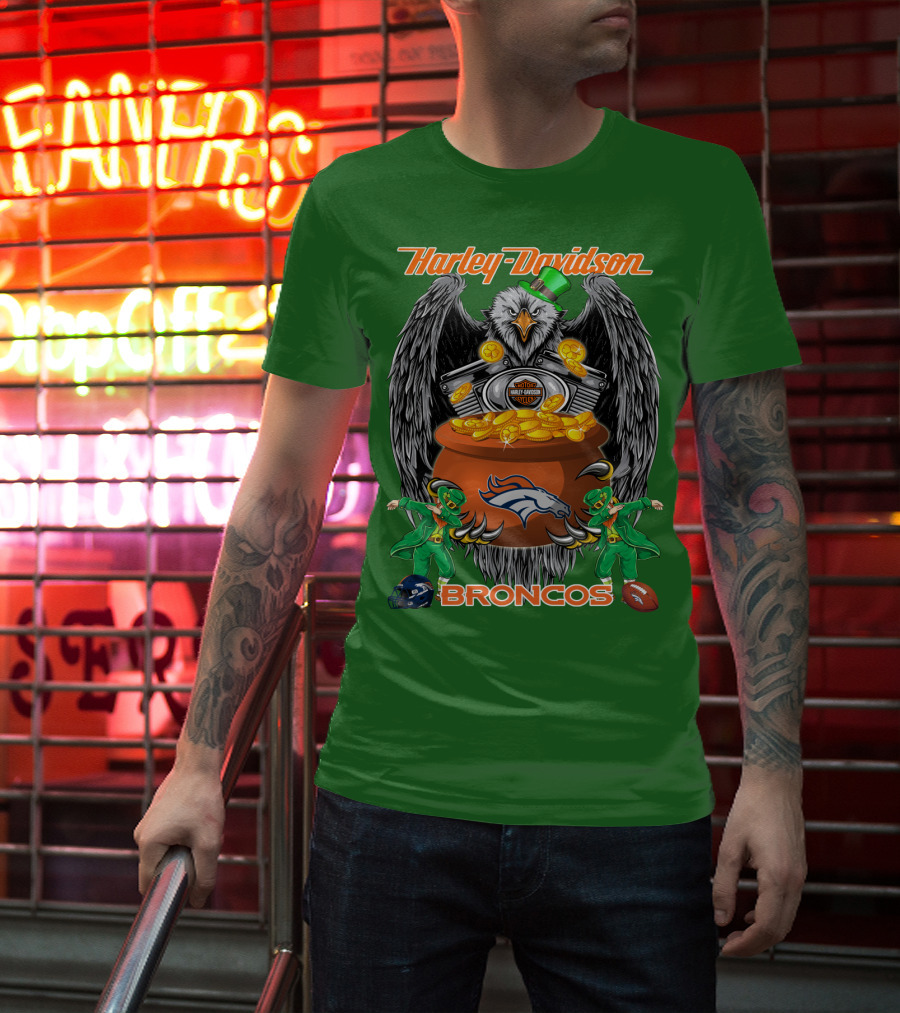 Harley Davidson Denver Broncos Nfl Leprechaun Eagle Pot Of Gold T-Shirt