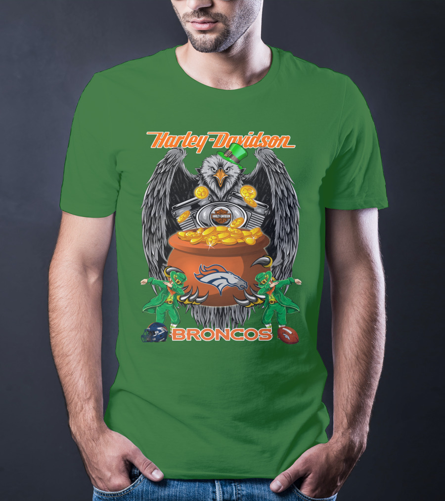 Harley Davidson Denver Broncos Nfl Leprechaun Eagle Pot Of Gold T-Shirt