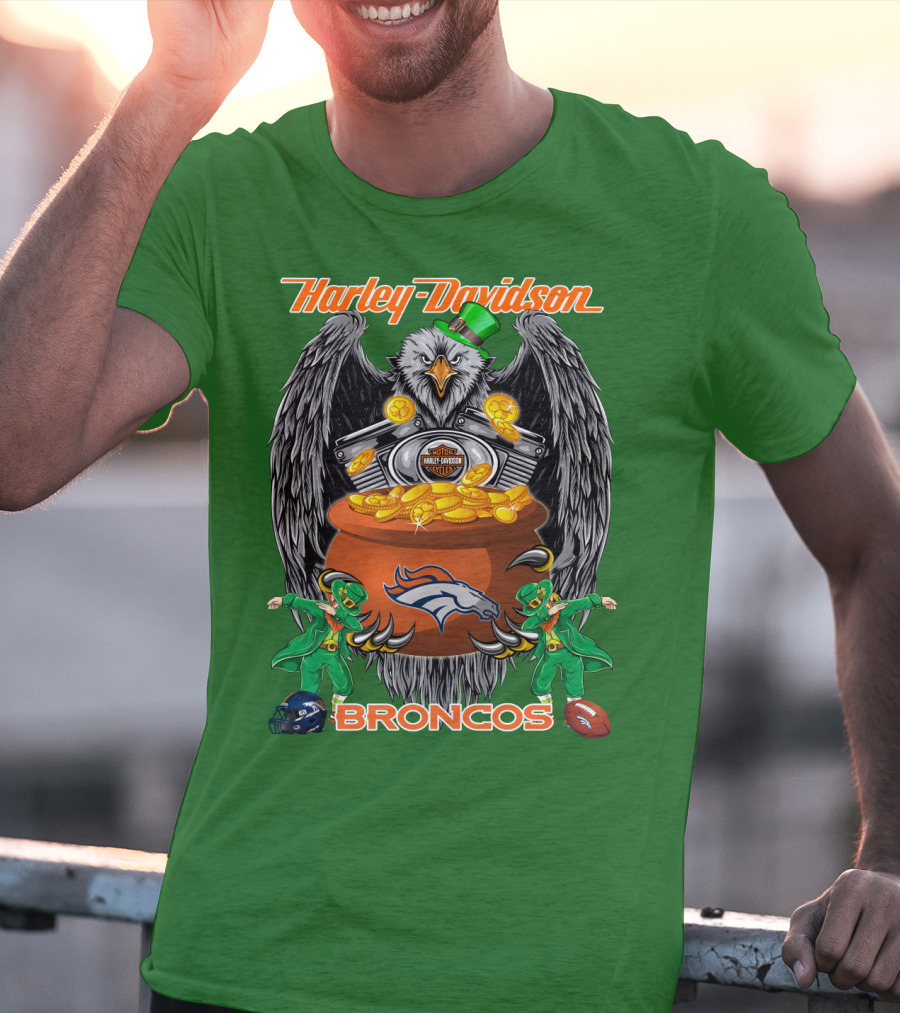 Harley Davidson Denver Broncos Nfl Leprechaun Eagle Pot Of Gold T-Shirt