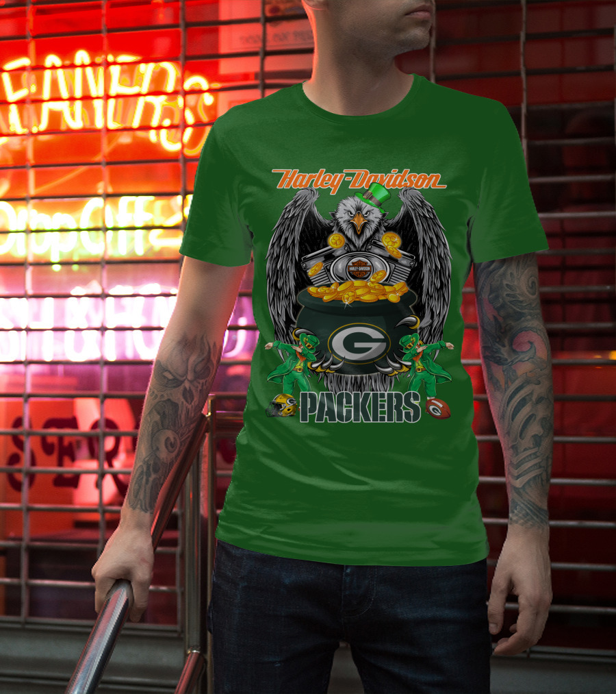 Harley Davidson Packers Nfl Green Bay Eagles And Leprechauns With Coins T-Shirt