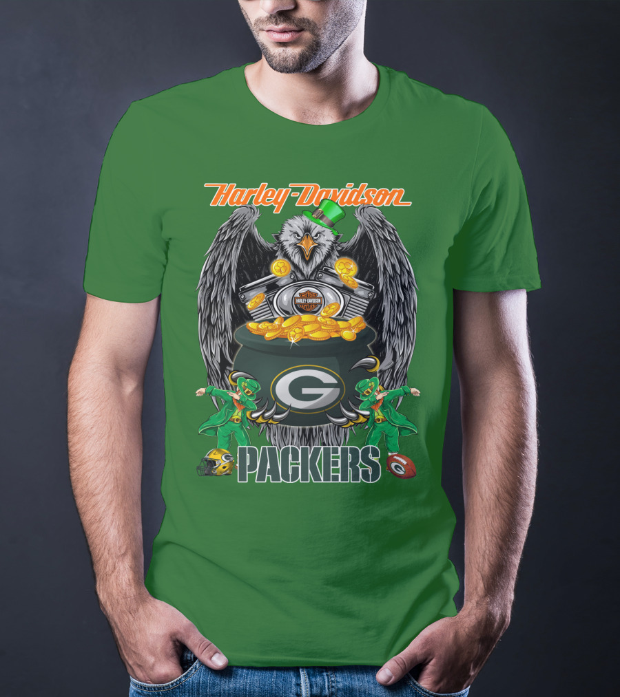 Harley Davidson Packers Nfl Green Bay Eagles And Leprechauns With Coins T-Shirt