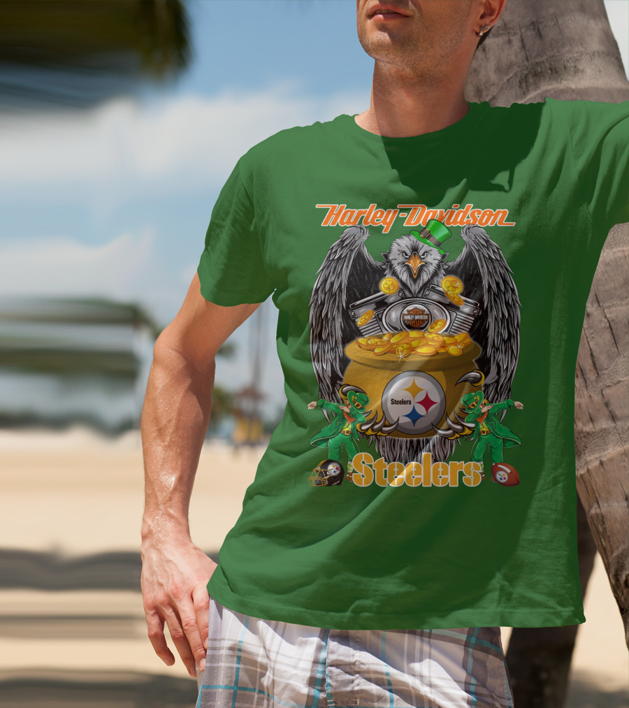 Harley Davidson Steelers Eagle Leprechaun Gold Nfl Pittsburgh T-Shirt