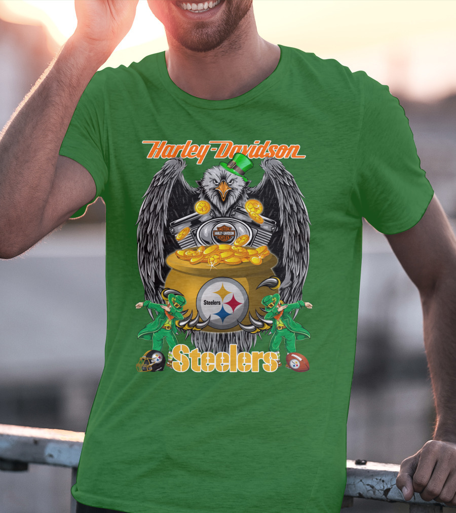 Harley Davidson Steelers Eagle Leprechaun Gold Nfl Pittsburgh T-Shirt