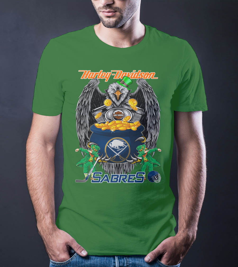 Harley Davidson Sabres Nhl Buffalo St. Patrick's Day Eagle And Pot Of Gold T-Shirt