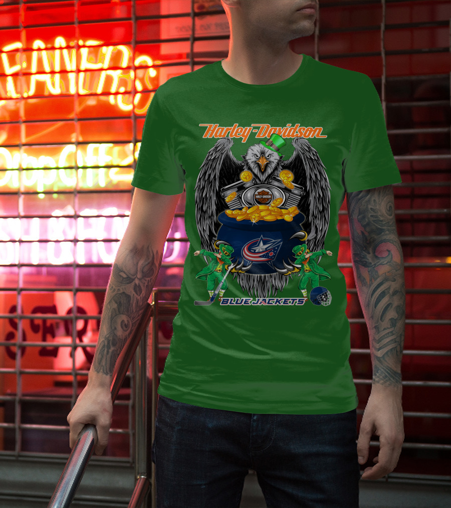 Harley Davidson Columbus Blue Jackets Nhl Eagle Leprechaun Gold Coins Green Hat T-Shirt