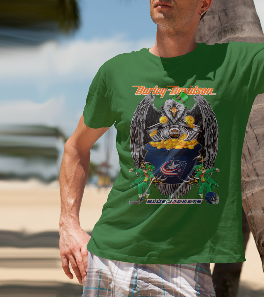 Harley Davidson Columbus Blue Jackets Nhl Eagle Leprechaun Gold Coins Green Hat T-Shirt