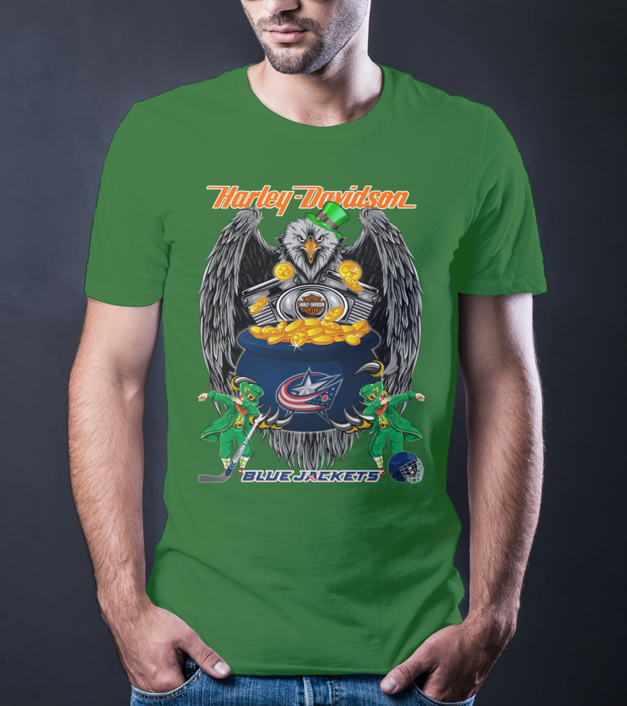 Harley Davidson Columbus Blue Jackets Nhl Eagle Leprechaun Gold Coins Green Hat T-Shirt