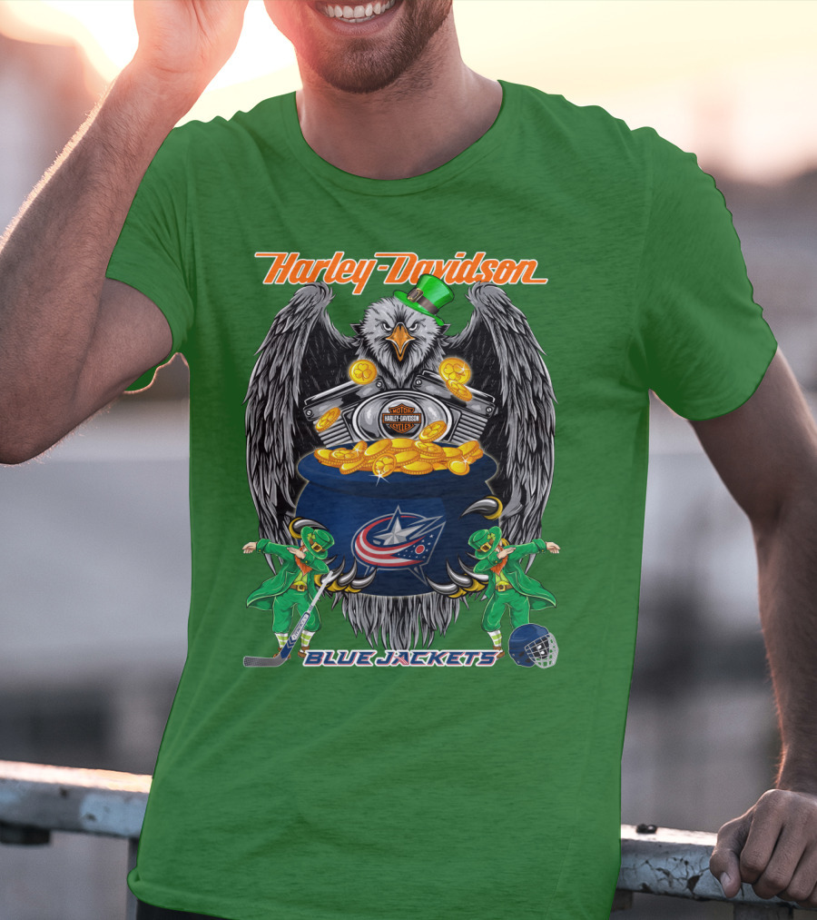Harley Davidson Columbus Blue Jackets Nhl Eagle Leprechaun Gold Coins Green Hat T-Shirt