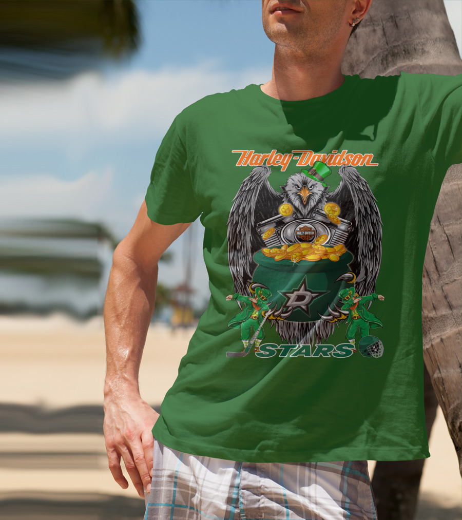 Harley Davidson Dallas Stars Nhl Eagle With Leprechauns And Hockey Gear T-Shirt