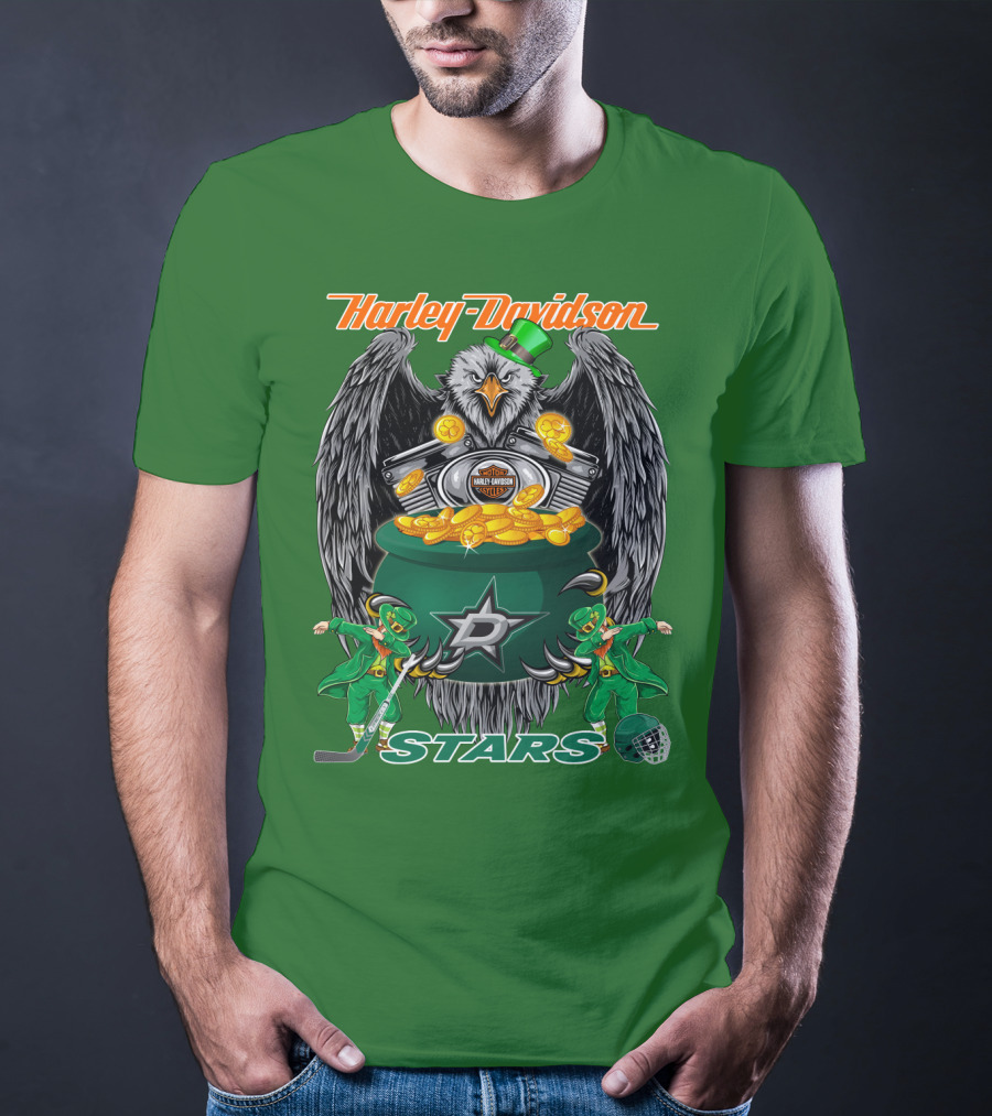 Harley Davidson Dallas Stars Nhl Eagle With Leprechauns And Hockey Gear T-Shirt