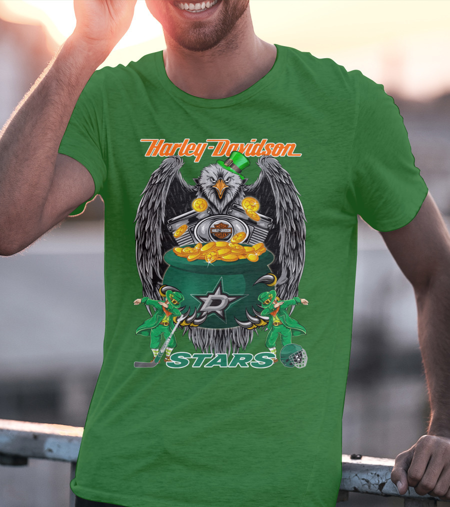 Harley Davidson Dallas Stars Nhl Eagle With Leprechauns And Hockey Gear T-Shirt