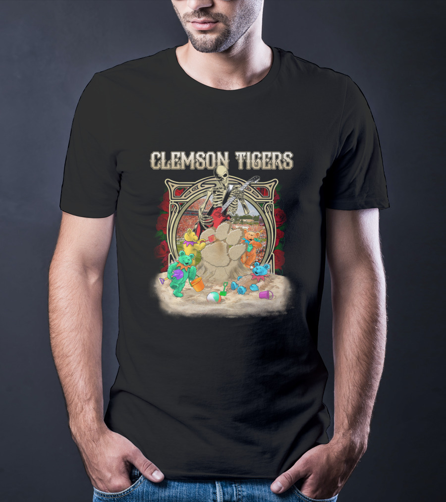 Clemson Tigers Grateful Dead Skeleton Bears Sandcastle Roses T-Shirt
