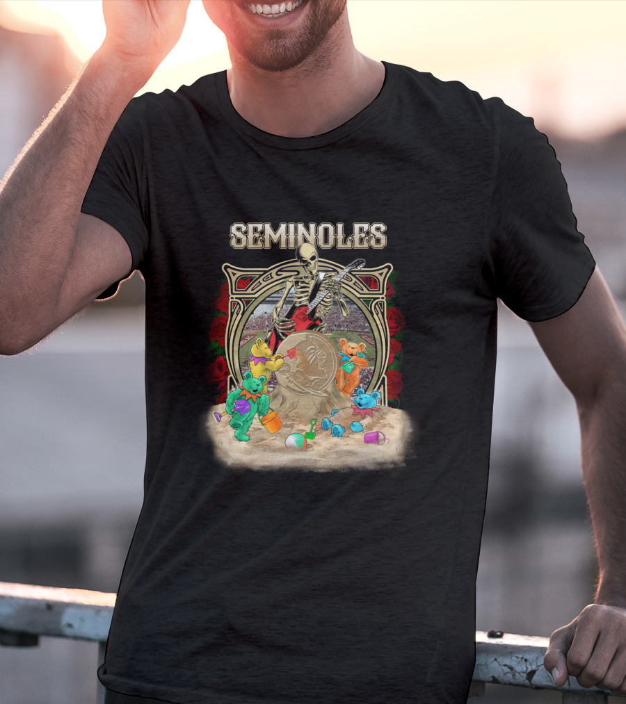 Seminoles Skeleton With Guitar And Teddy Bears At Sandcastle Scene T-Shirt