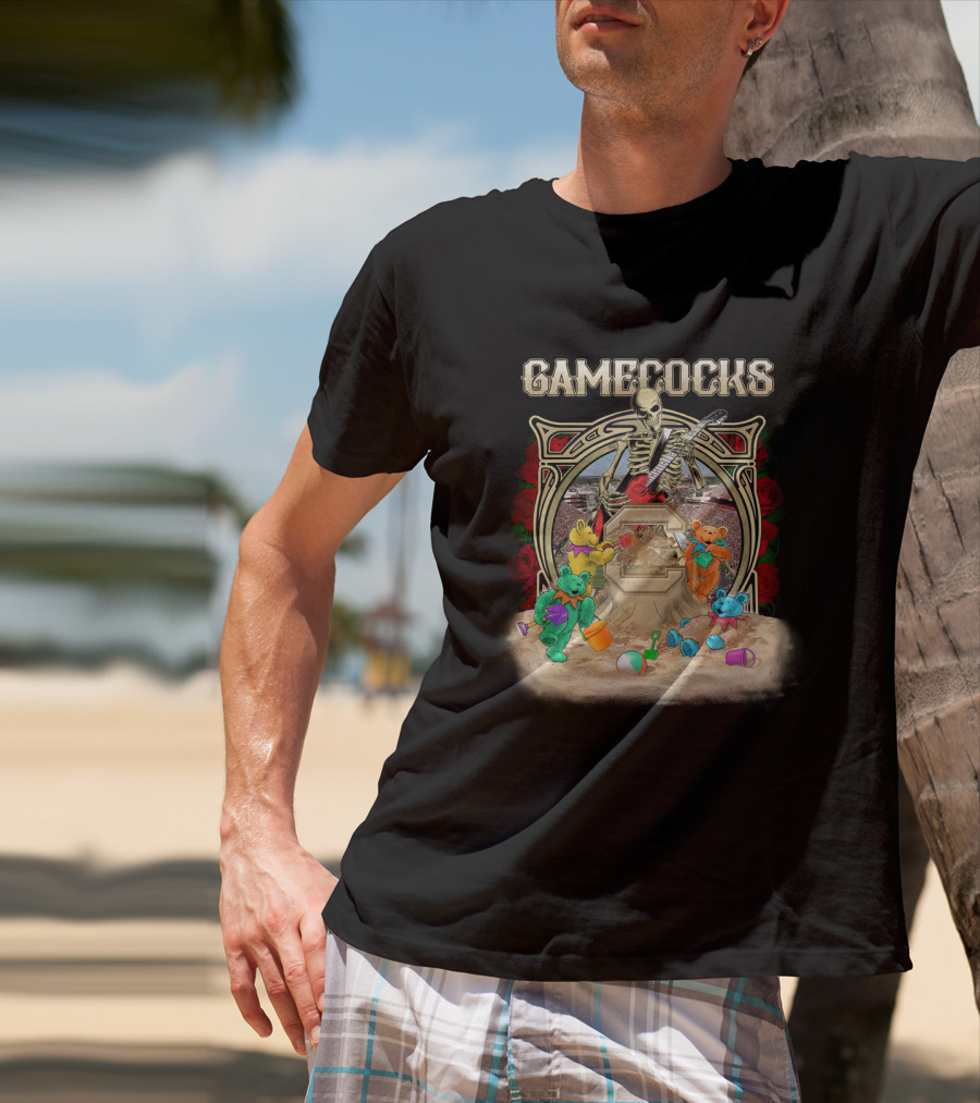 Gamecocks Skeleton With Colorful Bears Playing On Beach T-Shirt