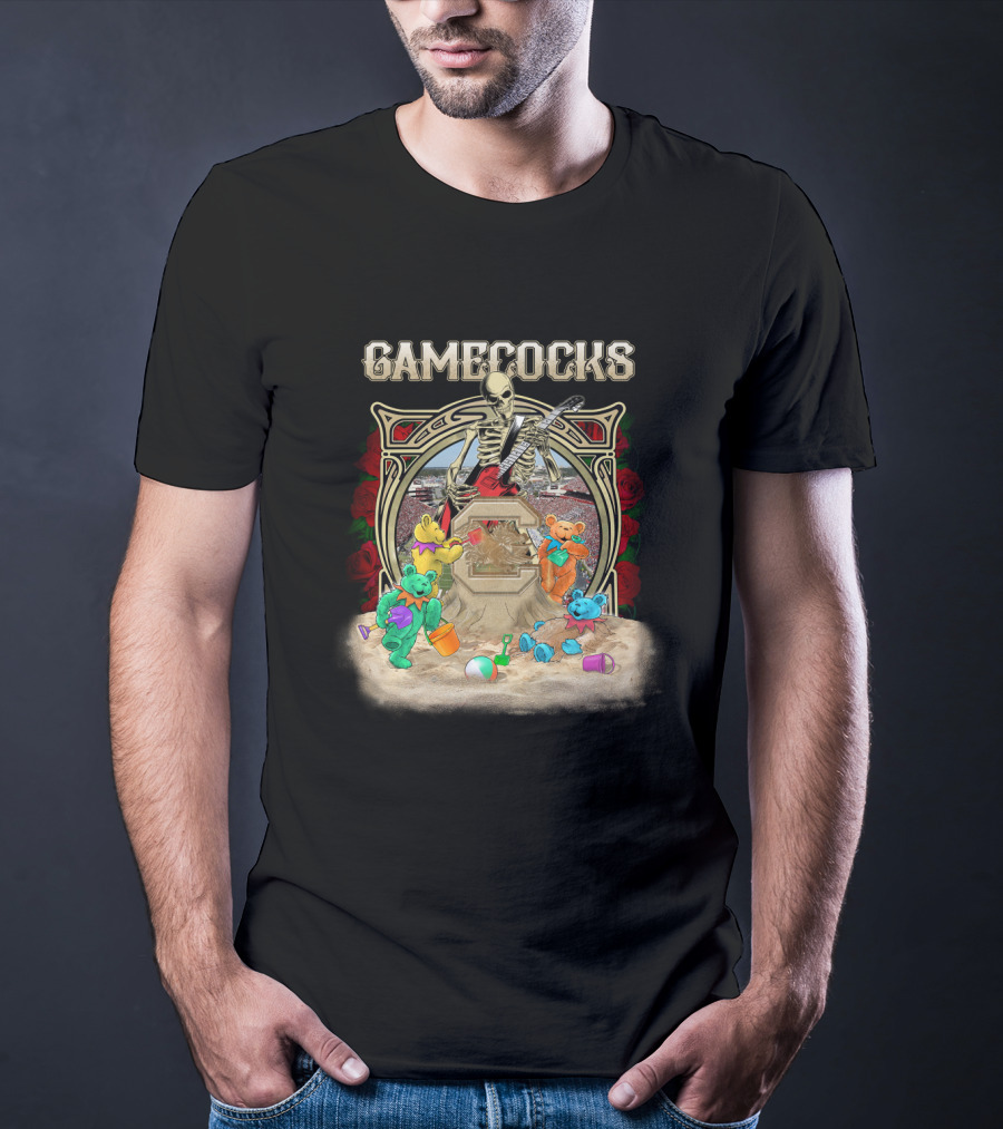 Gamecocks Skeleton With Colorful Bears Playing On Beach T-Shirt