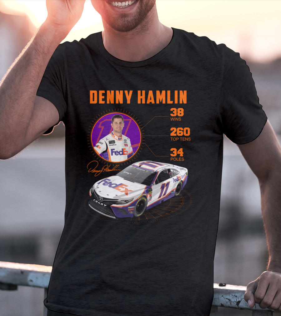 Denny Hamlin Fedex 11 Racing Stats 38 Wins 260 Top Tens 34 Poles T-Shirt