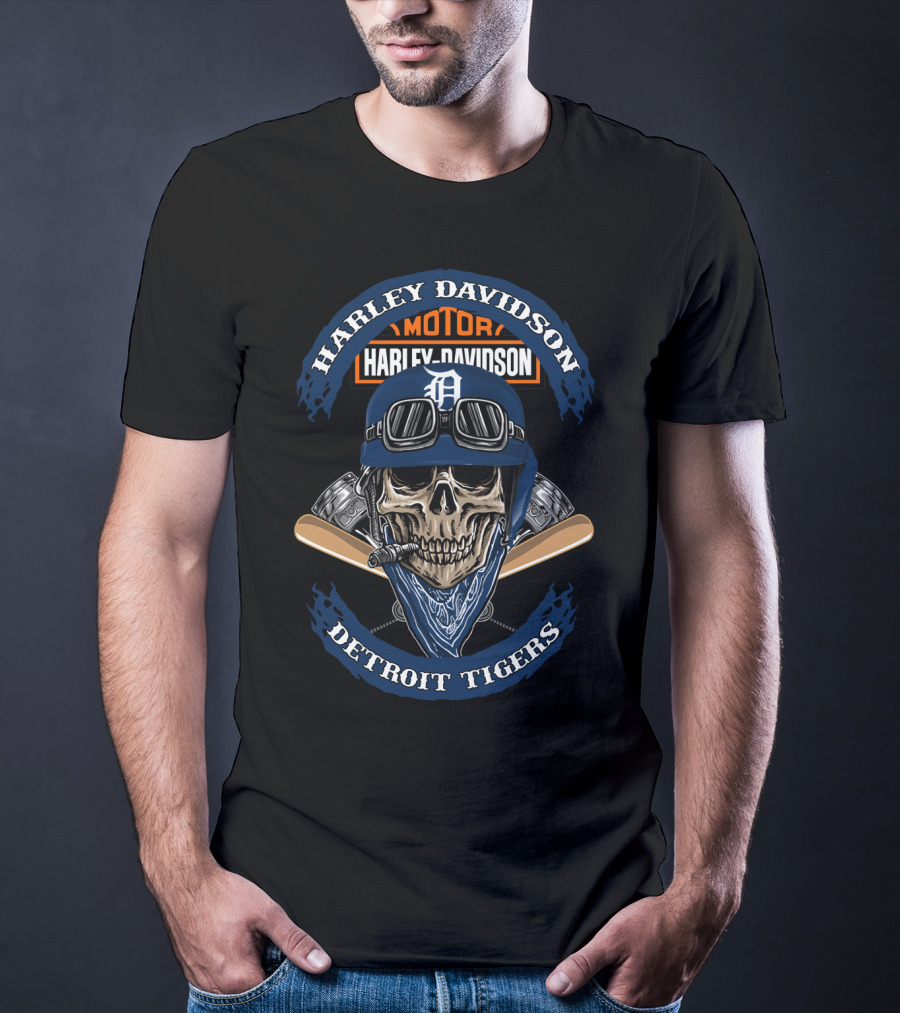 Harley Davidson Motor Detroit Tigers Skull Helmet T-Shirt