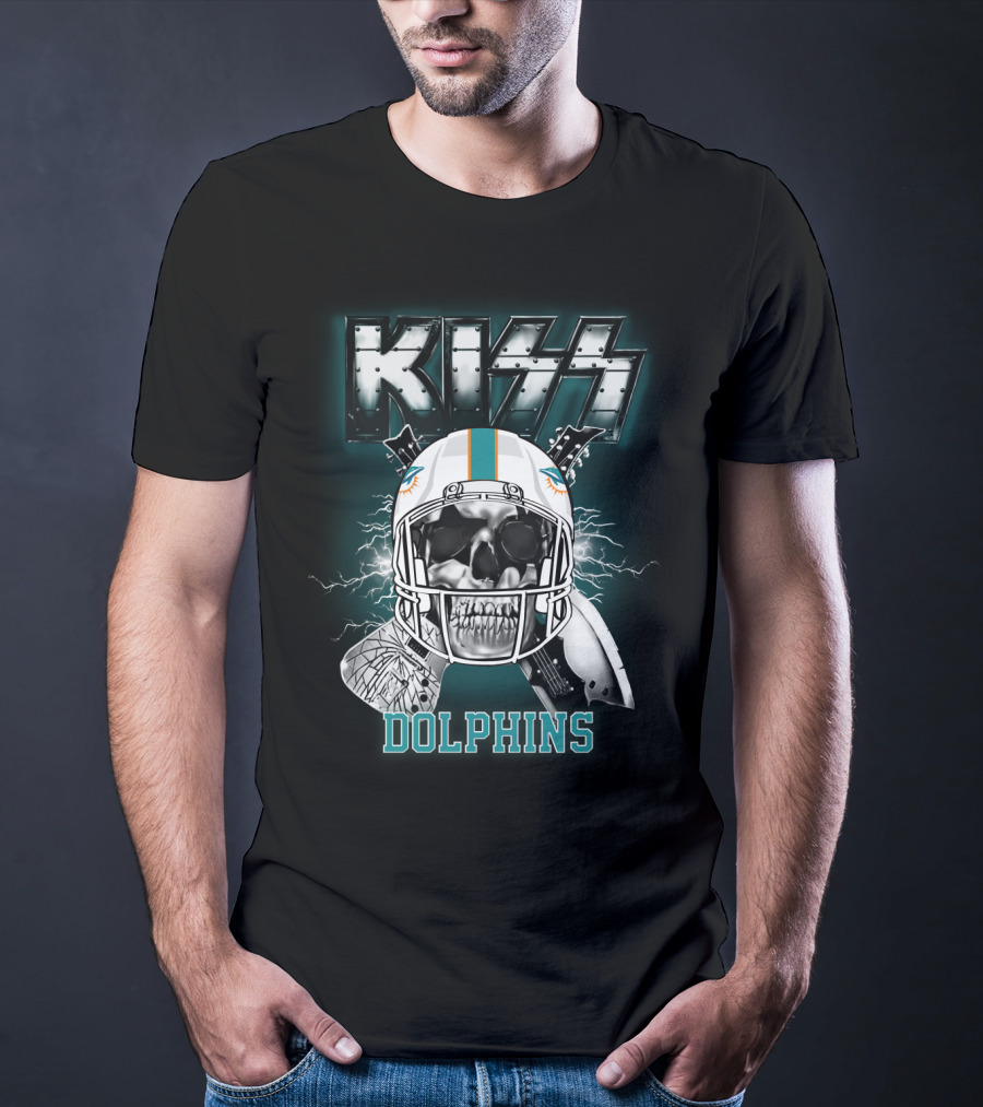 Kiss Dolphins Miami Football Skull Helmet Electric Guitars T-Shirt